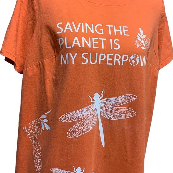 Hand Printed Upcycled 14W Saving the Planet Dragonfly Superpower Tee Shirt Dress - Picture 2 of 3